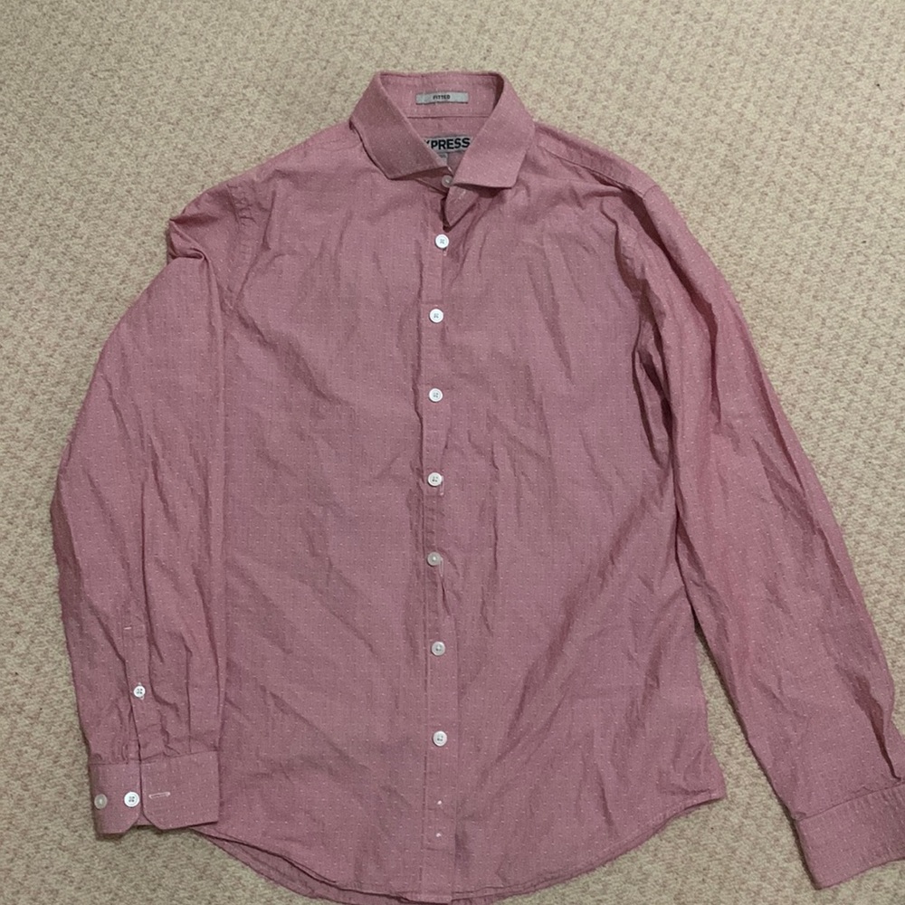 Express Fitted Red Dress Shirt with White Dots